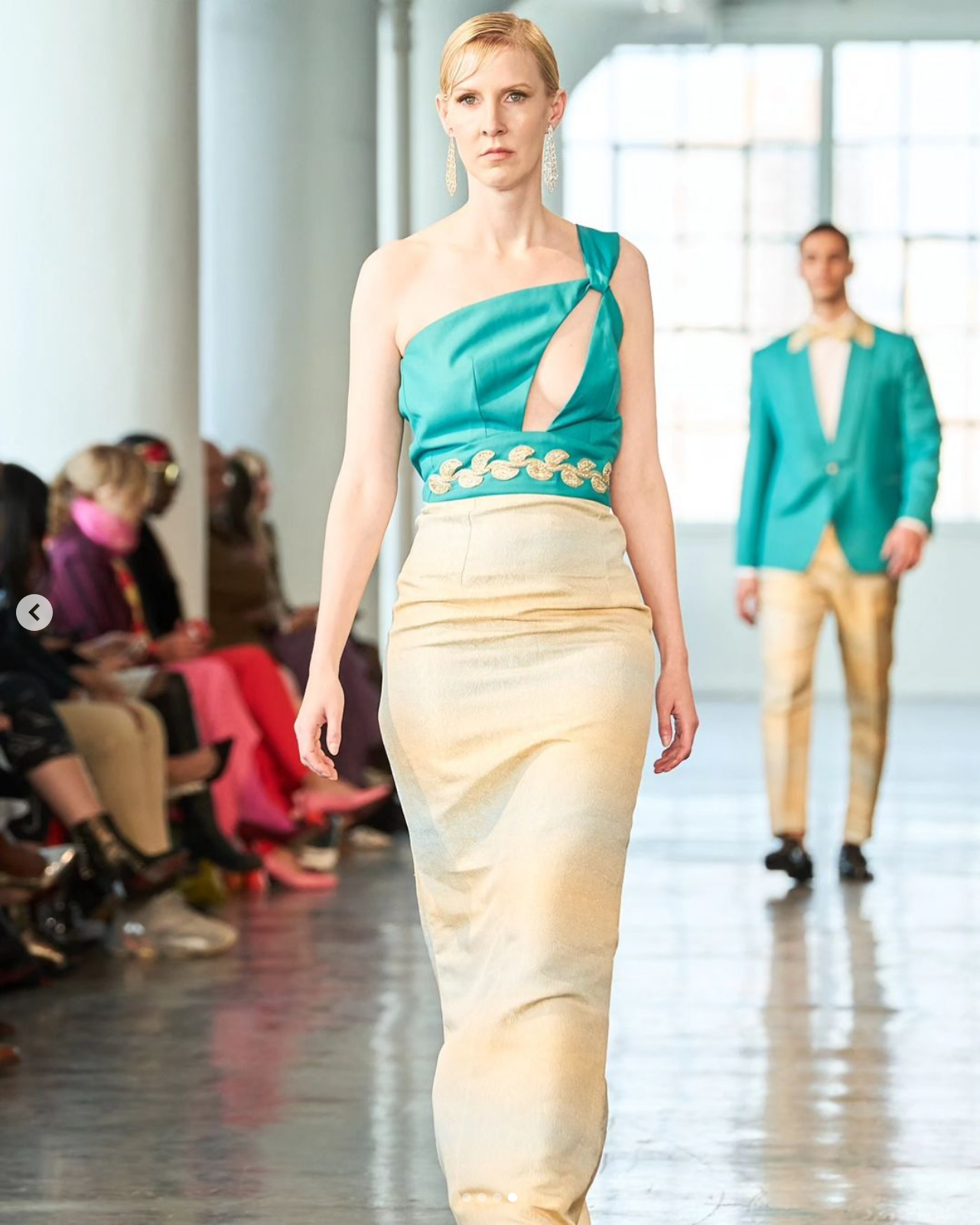 Exquisite turquoise and yellow shimmery one shoulder long dress