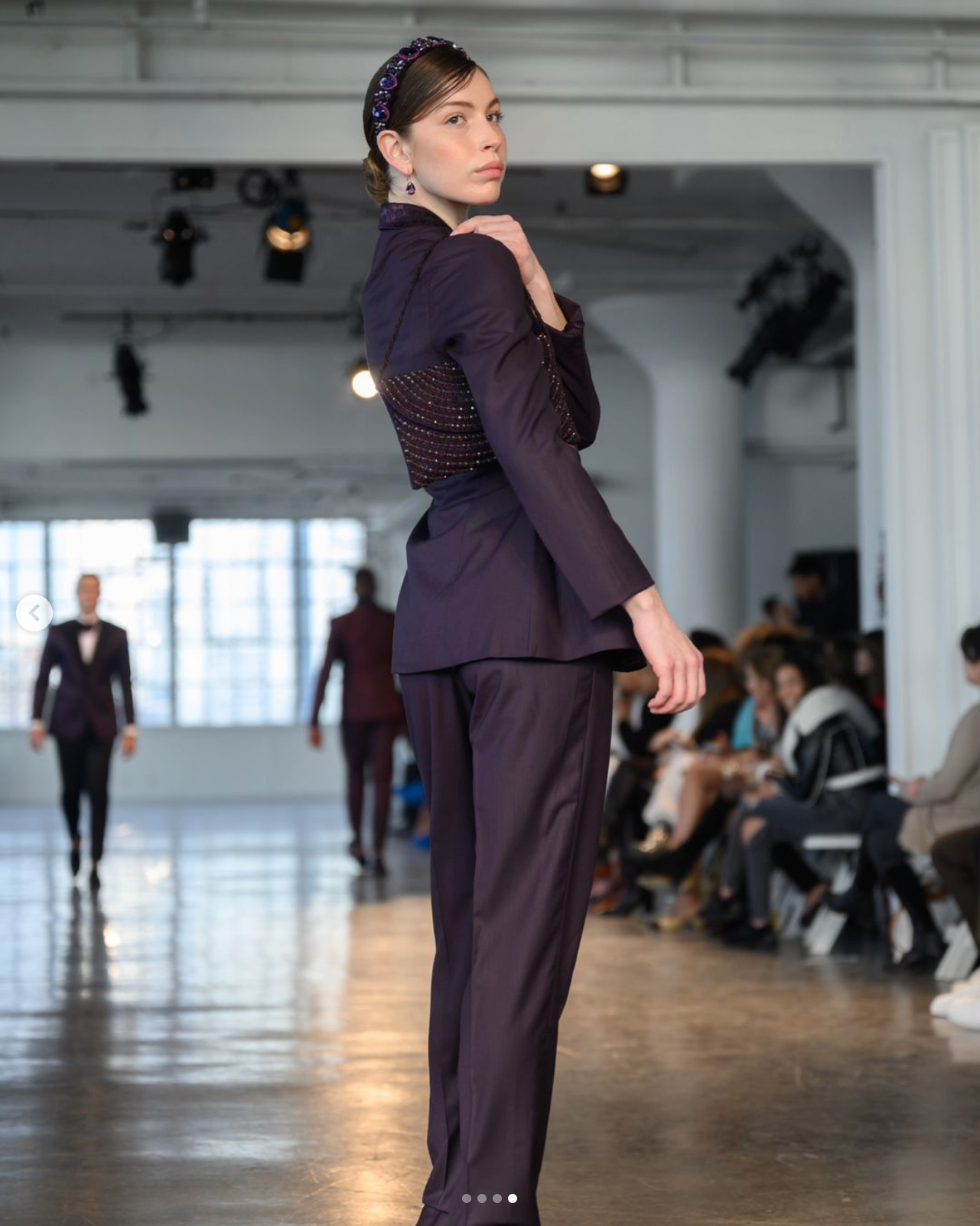 Dark purple women's dress paints suit with patterned lapel