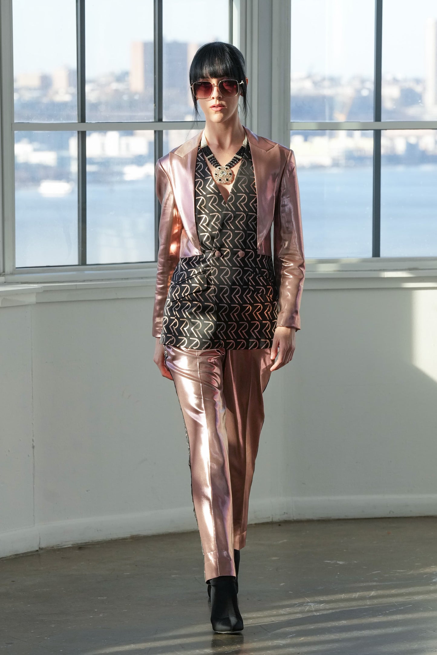 Rosé Velocity - Metallic Blazer & Satin Trousers Set