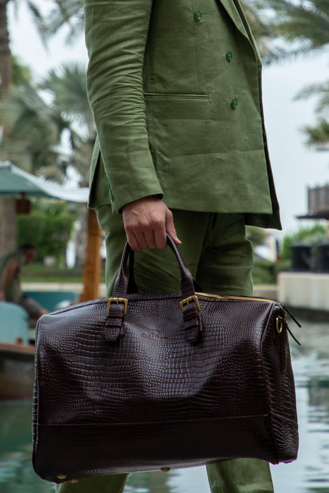 BROWN Luxury Crocodile-Embossed Leather Duffel Bag