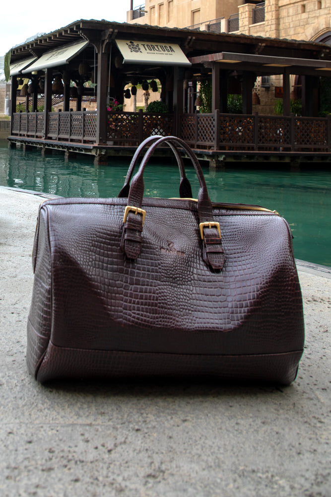 BROWN Luxury Crocodile-Embossed Leather Duffel Bag