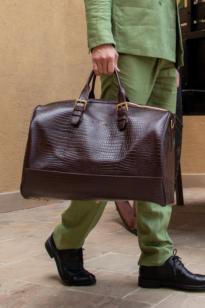 BROWN Luxury Crocodile-Embossed Leather Duffel Bag
