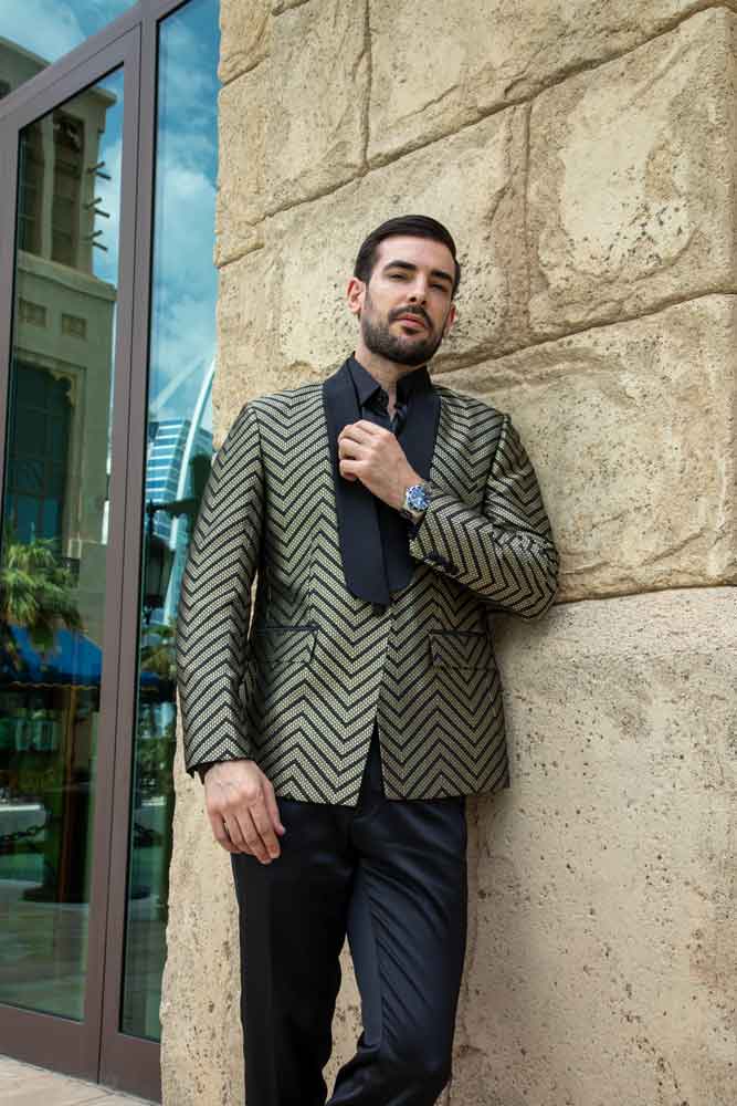 Modern Chevron Blazer and Classic Black Trousers