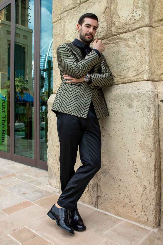 Modern Chevron Blazer and Classic Black Trousers