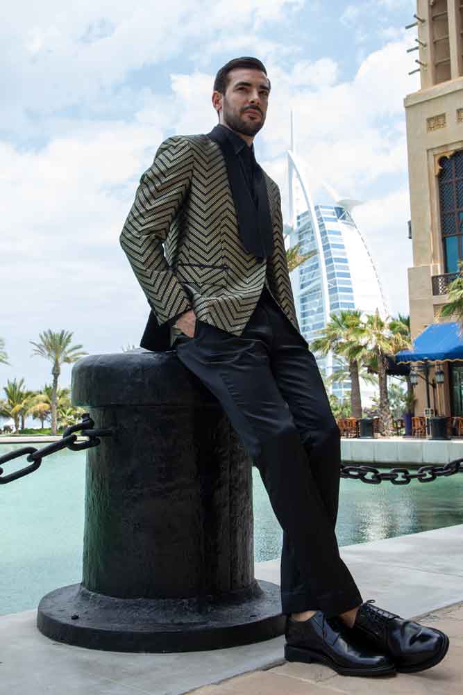 Modern Chevron Blazer and Classic Black Trousers