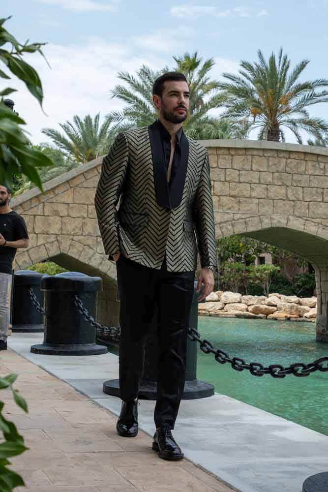 Modern Chevron Blazer and Classic Black Trousers