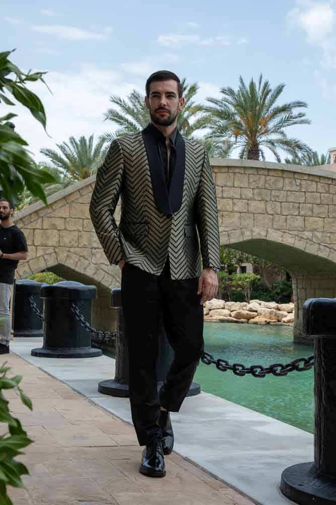 Modern Chevron Blazer and Classic Black Trousers