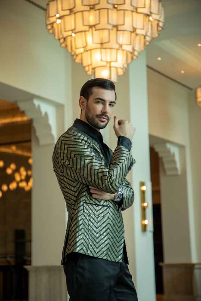 Modern Chevron Blazer and Classic Black Trousers