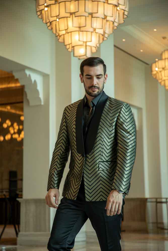 Modern Chevron Blazer and Classic Black Trousers