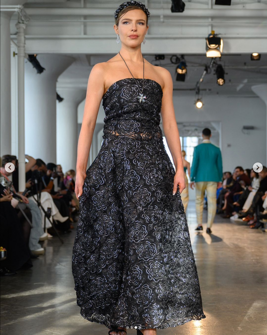 Black and sliver two piece flowery long dress ensemble