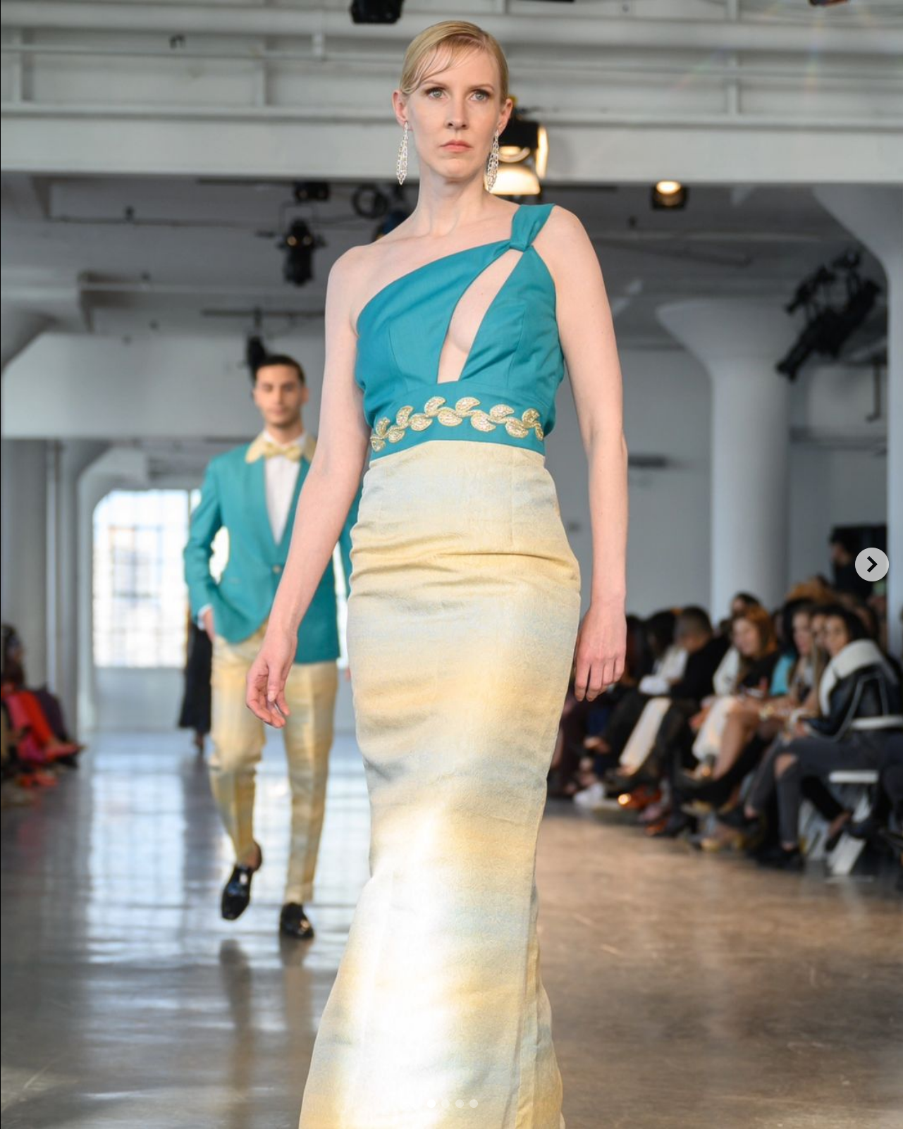 Exquisite turquoise and yellow shimmery one shoulder long dress