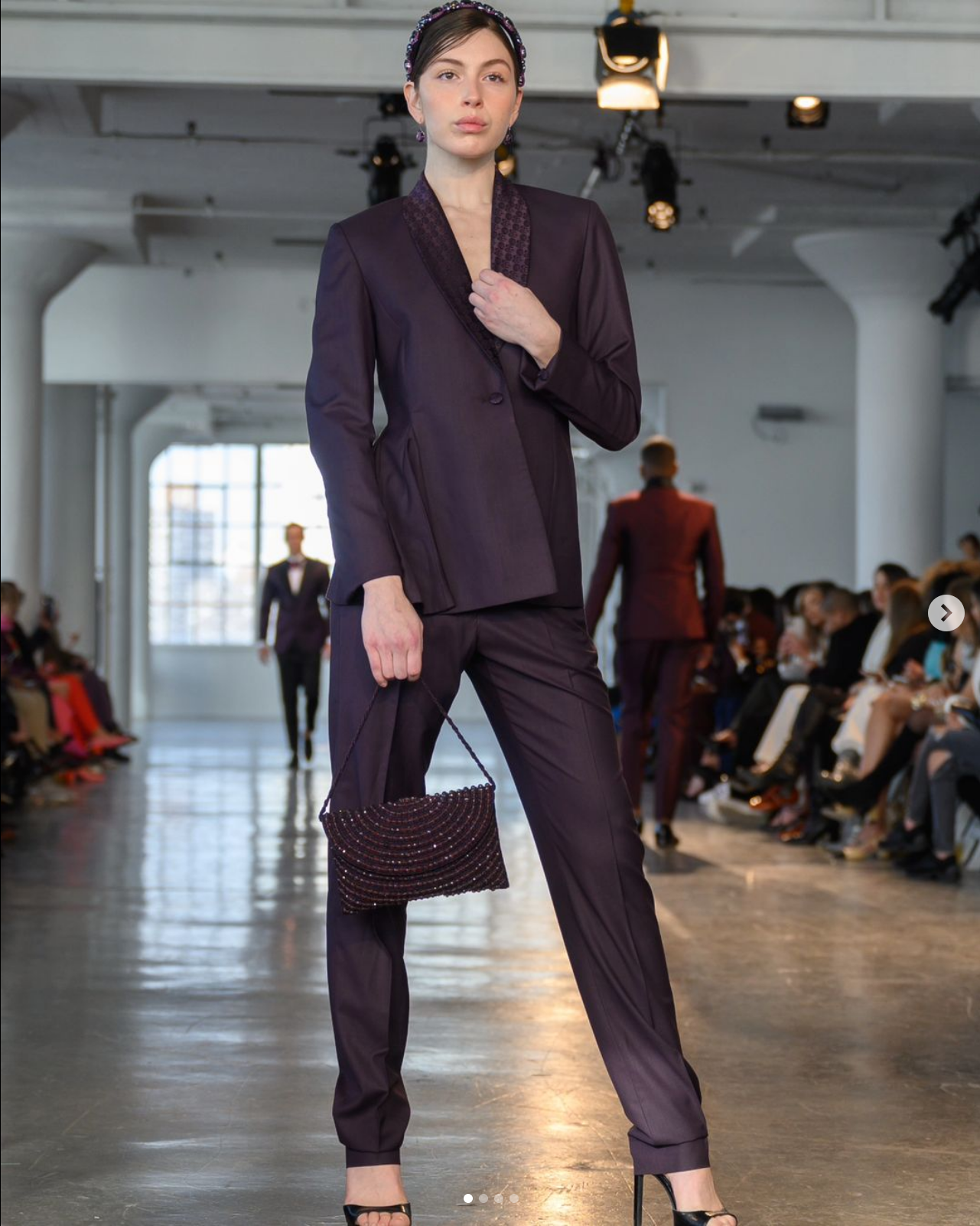 Dark purple women's dress paints suit with patterned lapel